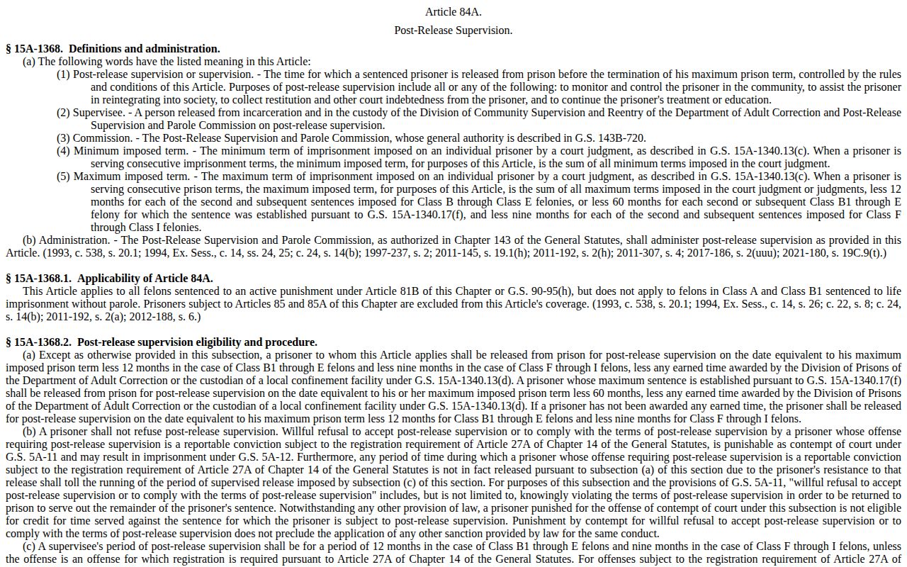 Avery County inmate release date and post-release supervision law